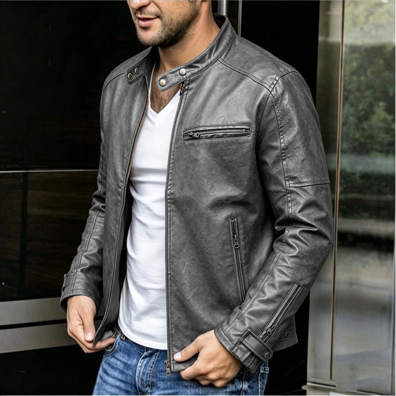 Mens Stand Collar PU Leather Jacket Punk Biker Style Loose Fit Winter Outerwear Young Adults