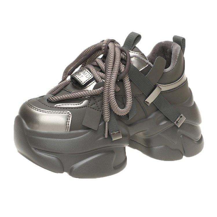 Moda 8CM Zimowe Damskie Grube Ciepłe Futrzane Sneakersy Wysoka Platforma Sportowe Buty Taty Kobieta Błyszcząca Skóra Casual Śniegowce Zapatillas Mujer