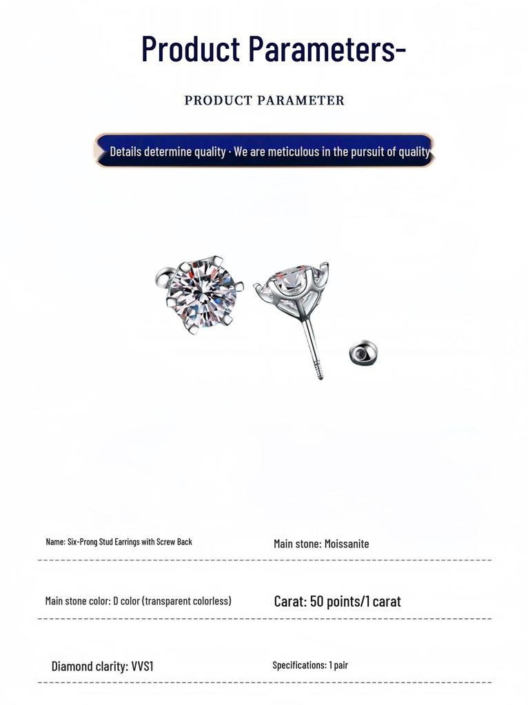 Best-selling 1 Carat D Color Moissanite Six-Claw S925 Sterling Silver Stud Earrings with Threaded Back