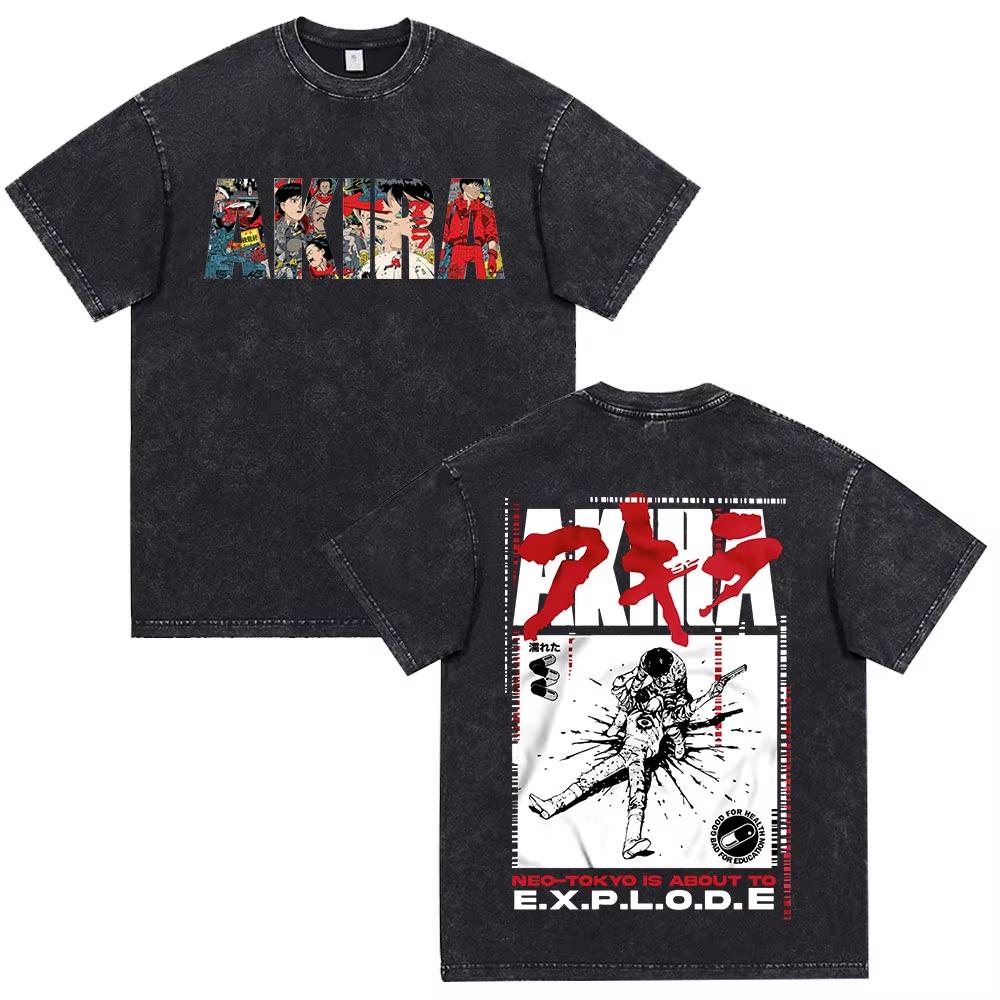 Japanese Anime Akira Washed Vintage T Shirt Science Fiction Cartoon Movie Shotaro Kaneda T-shirt Men Daily Wear Cool Top