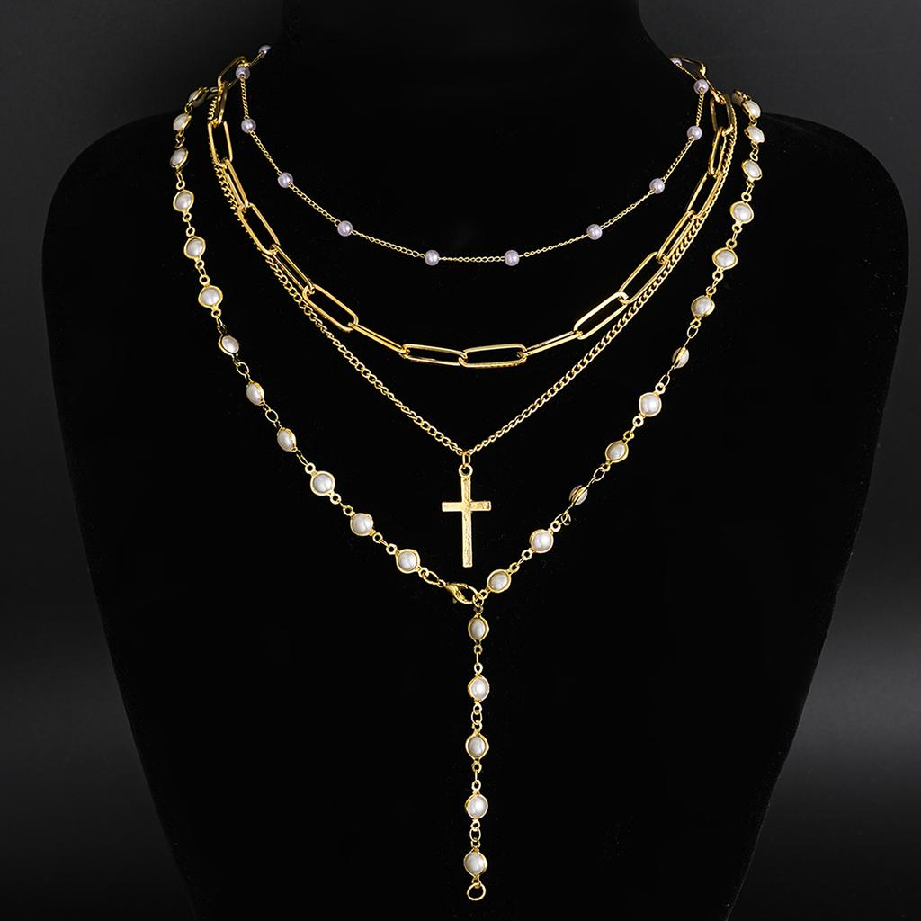 4pcs Vintage Metal Cross Pendant Y-Necklace Set Bohemian Gold Color Pearl Necklaces For Women Daily Vacation Dating Wear Jewelry
