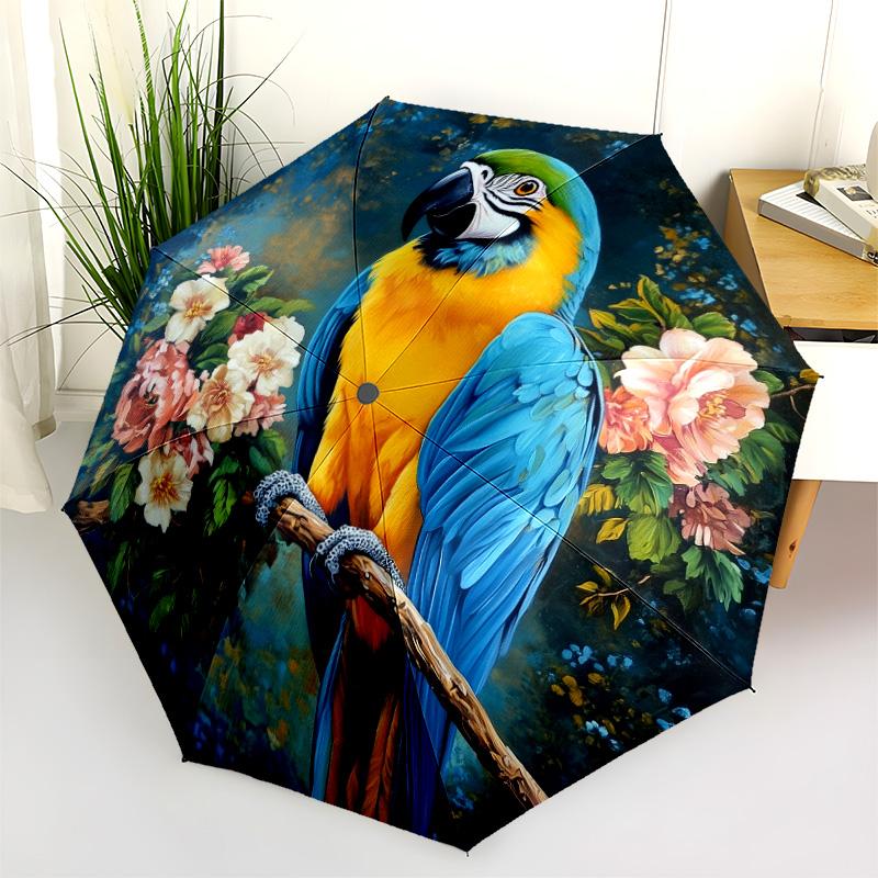 Flower Parrot Pattern, Automatic Folding Umbrella, Portable and Foldable Design, 8 Ribs, a Christmas or Birthday Gift.