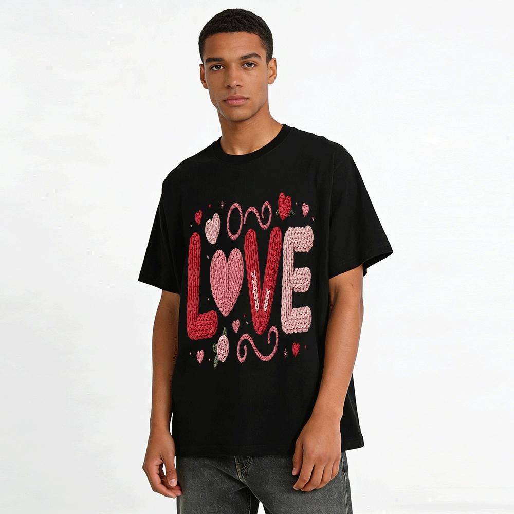 Vintage Knit Style Love Heart Print Casual Couple Top Pure Cotton T-shirt