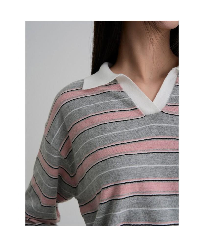 8SECONDS Collared Neck Striped Pullover Light Pink