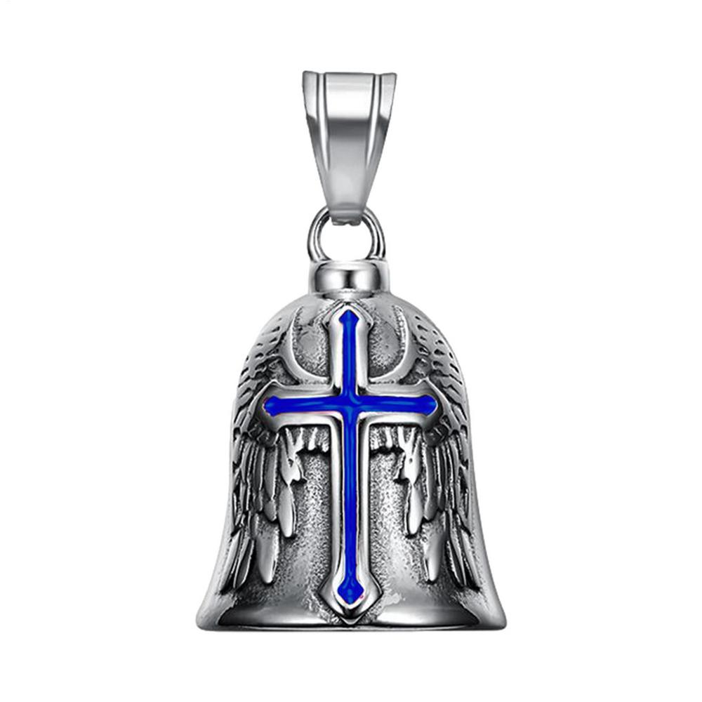 Stainless Steel Retro Punk Angel Cross Motorcycle Riding Lucky Bell Men Motorcycle Bell Charm Riding Bell Necklace Ornament