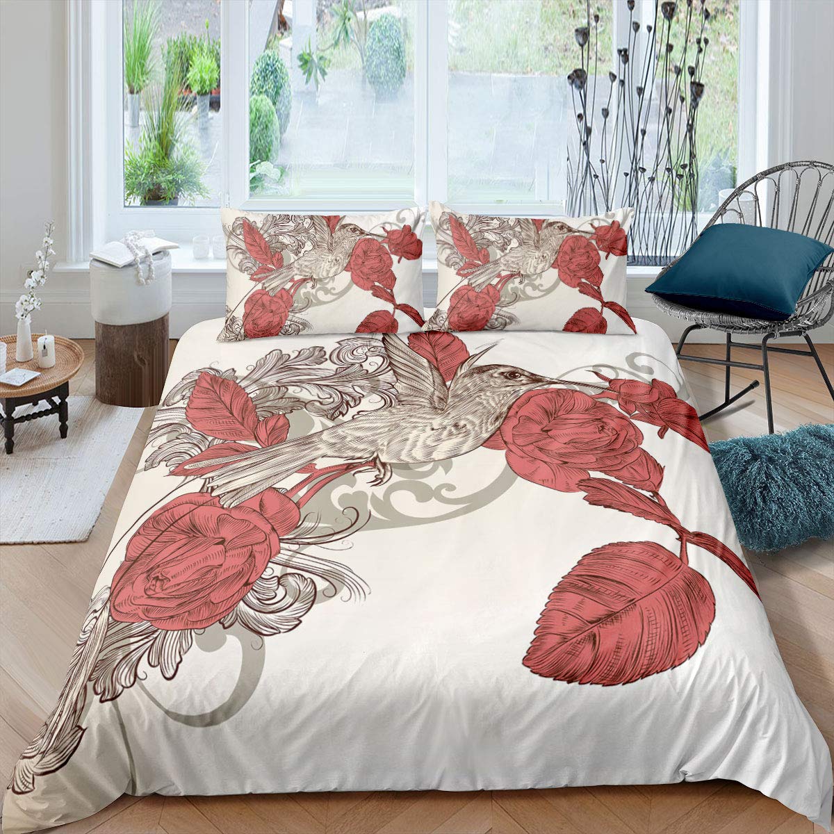 

Цветочный колибри King Queen Двуспальный пододеяльник Цветущий комплект постельного белья Птицы Цветочный пододеяльник Полиэстеровый пододеяльник 70x133cm 2pcs