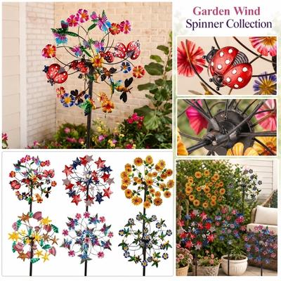 Outdoor Garden Wind Spinner Metal Flower and Insect Design Yard Decoration with Rotating Blades for Lawn Patio and Backyard
