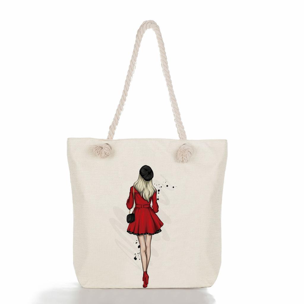 Multifunctional Coffee-colored Girl Printed Thick Rope Shoulder Beach Bag Casual Large Capacity Handbag 0107