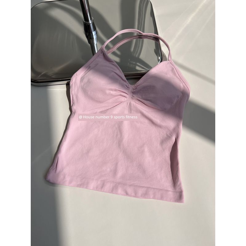 Df Thin-Strap Running Ruched Halter Fitness Bra with Chest Pads, Shaping, Shockproof, Beautiful Back Sports Yoga Tank Top for Women