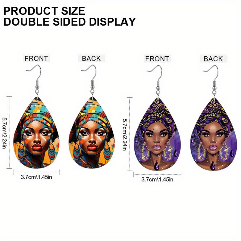Colorful Ethnic Costume African Female Pattern PU Leather Earrings Ladies Elegant Earrings Ethnic Style Earrings Personality Earrings