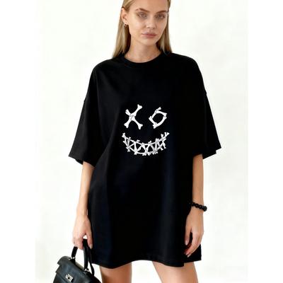 Abito Maglietta Oversize Nero Stampa Faccia con Teschio e Ossa Stile Streetwear Casual