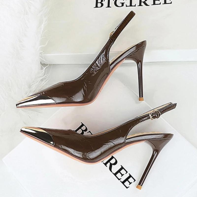 Fashion New Women 9.5 Cm Heels Metal Pointed Tip Women Pumps Hollow Out Hook Strap High Heeled Sandals Women Summer Shoes Plus Size 43