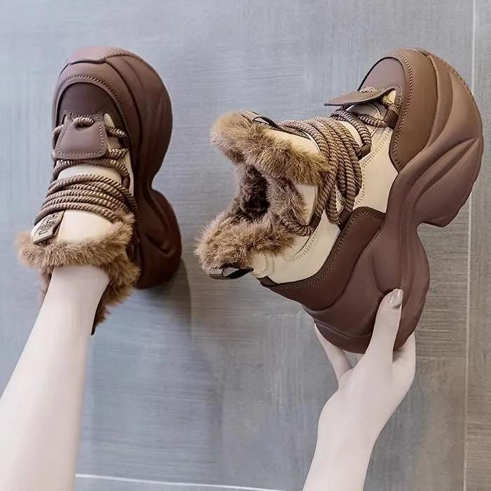 Fashion Winter Women's Boots Warm Increase Height Prevent Slipping Outdoor Snow Boots Comfortable Plush New High Top Lace Up Sneakers