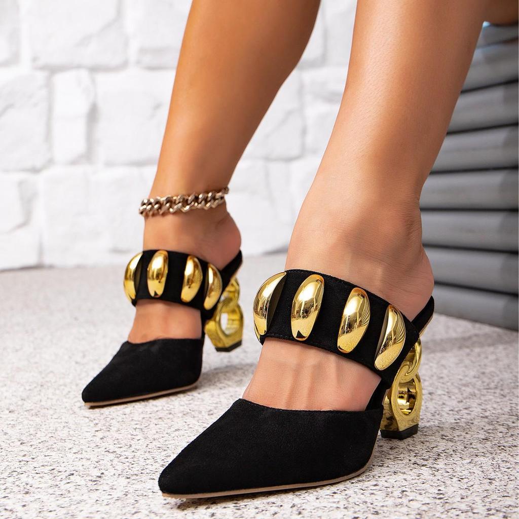 Women's Black Backless High Heel Sandals with Irregular Heels and Golden Buckle