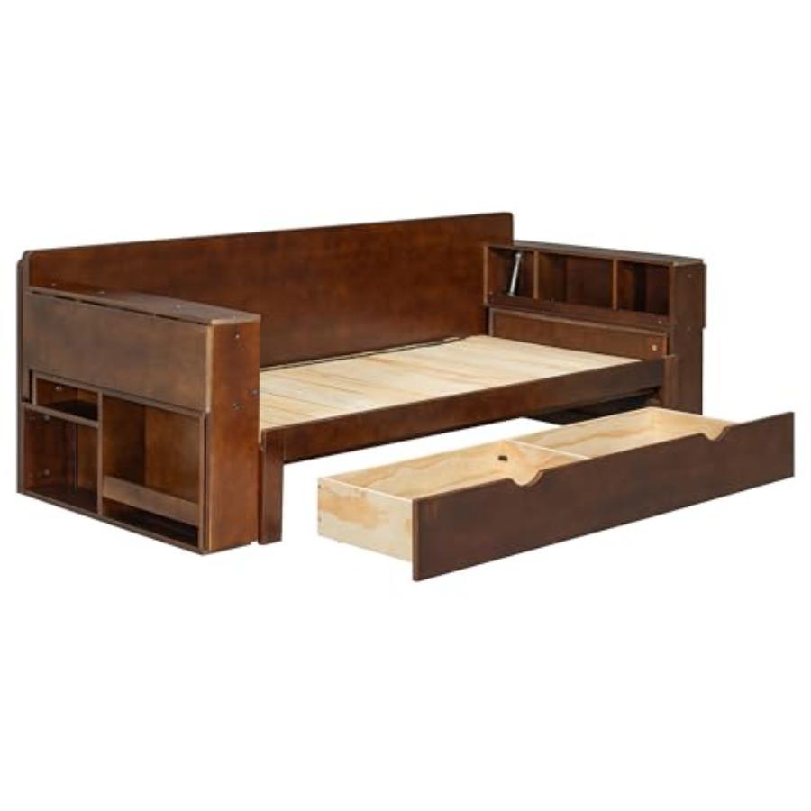 Queen Size Daybed with Removable Desk, Storage Drawers and Hydraulic Side Table, 4-in-1 Multifunctional Sofa Bed for Small Spac