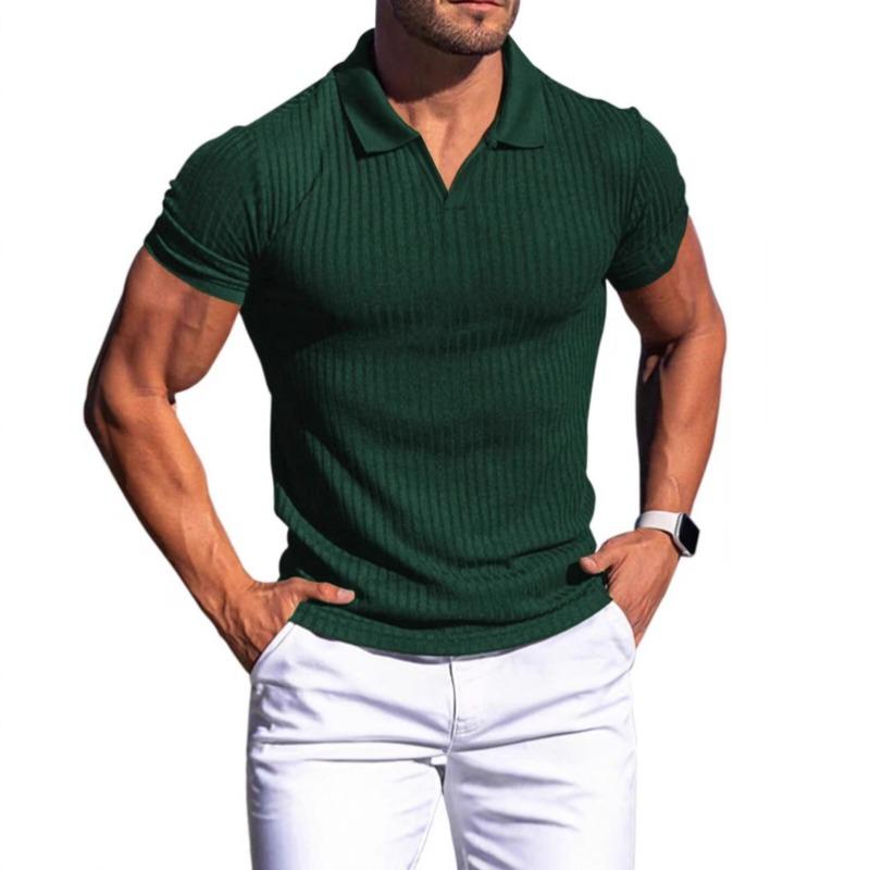 Maglia Polo da Uomo a Coste Slim Fit Manica Corta Scollo a V Casual Grigia Lavorata a Maglia