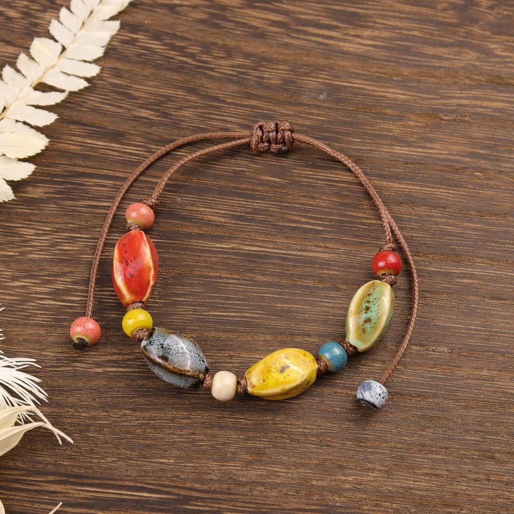 Ethnic Floral Glaze Ceramic Beaded Bracelet - Retro Artistic Porcelain Design for Women