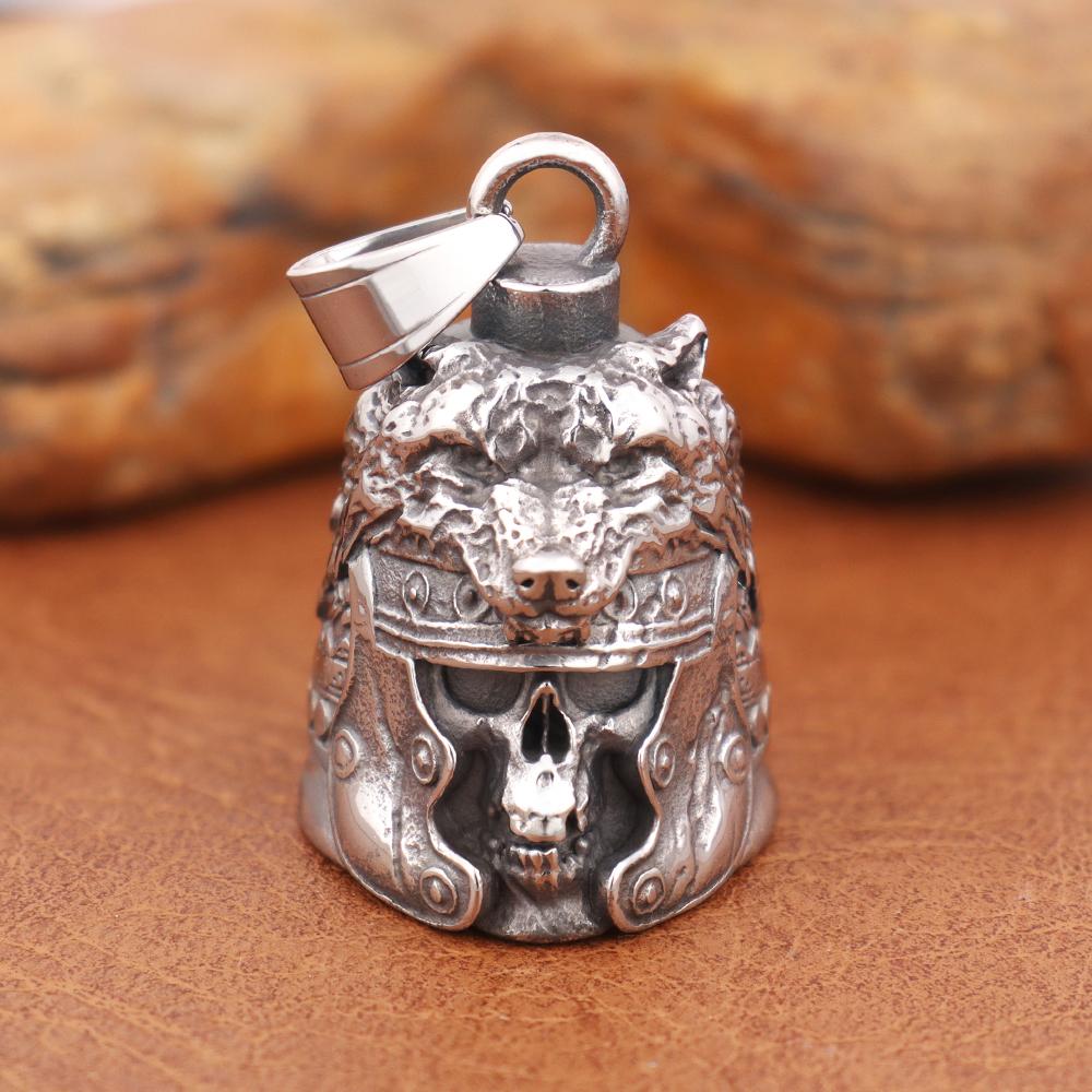 Vintage Gladiator Wolf Skull Guardian Bell Pendant Charm Stainless Steel Necklaces Punk Hip Hop Men Women Jewelry Halloween Gift