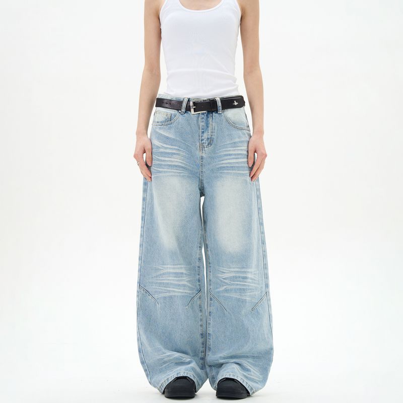 

Kisko American Retro Cat Beard Washed Ice Blue Denim Male Loose Straight-leg Work Clothing Cleanfit Pants Blue M