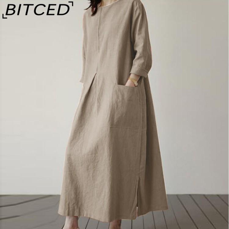 

BITCED Жіноча повсякденна бавовняна довга сукня з O-подібним вирізом та рукавами 3/4 XXXXXL слонова кістка