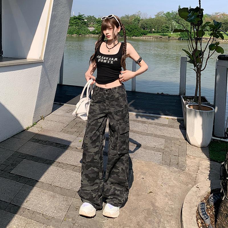 Women's 1926 American Style Camouflage High Waist Wide Leg Denim Work Pants