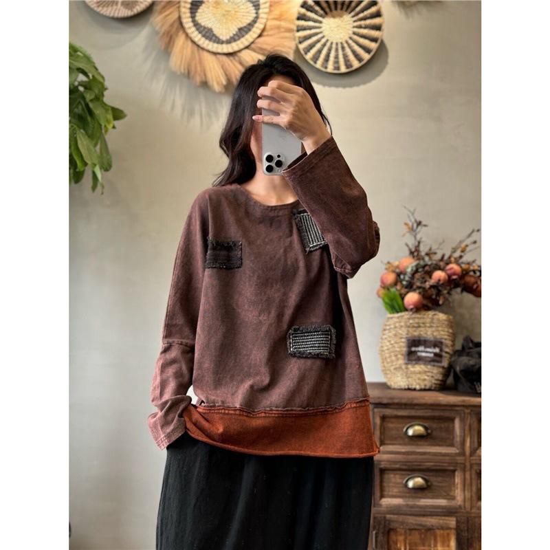 

Spring Retro Distressed T-shirt Applique Crew Neck Cotton Sweatshirt One Size