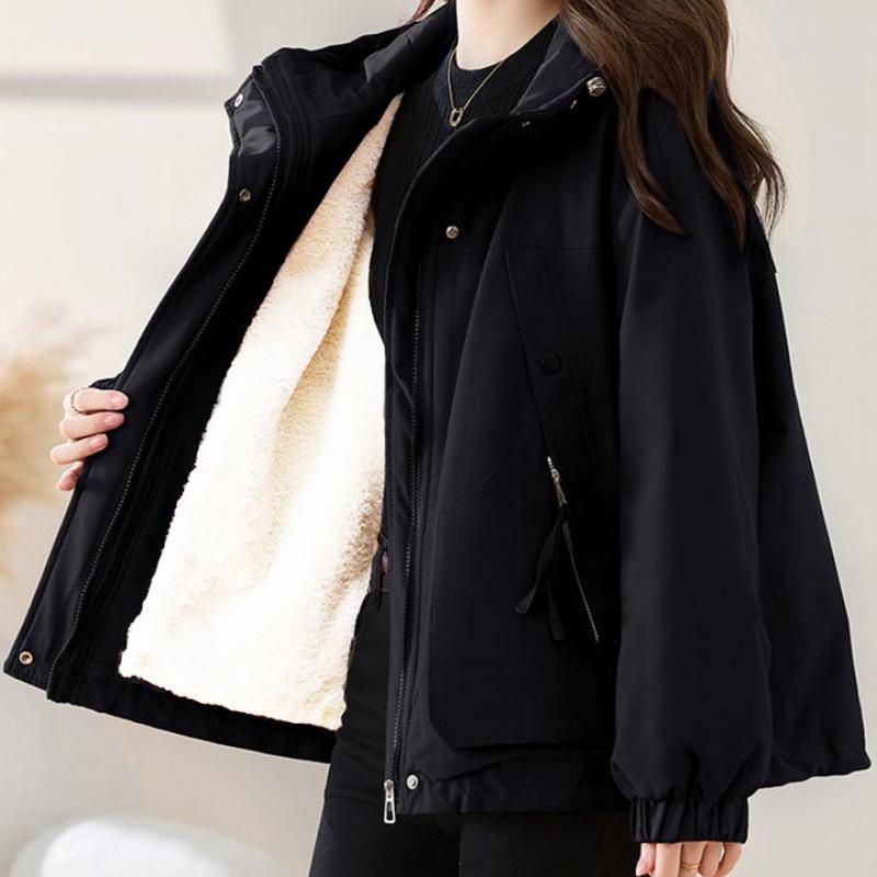 

Женское короткое зимнее пальто Ankola 2024 красного цвета с плюшевой подкладкой - Свободное, теплое, модное в корейском стиле L (110-119 jin)