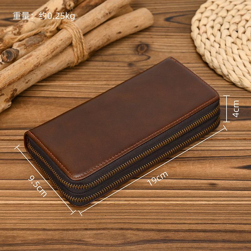 Men'S Crazy Horse Leather Long Wallet Genuine Leather Double Zipper Wallet Multi-Card Cowhide Clutch Bag Large Capacity Mobile Phone Bag