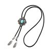 Men's Rodeos Western Leather Cord Bolo Tie Antique Floral Stone Jewelry Cowboy Necktie Necklace with Feathered Pendant