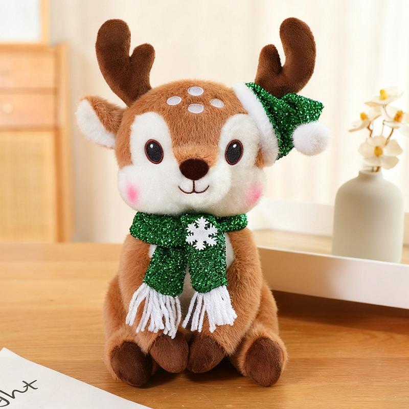 

30cm Cartoon Christmas Deer Plush Doll Pillow with Santa Hat Scarf Elk Soft Toy Home Decor Ideal Christmas Gift for Children about 30cm