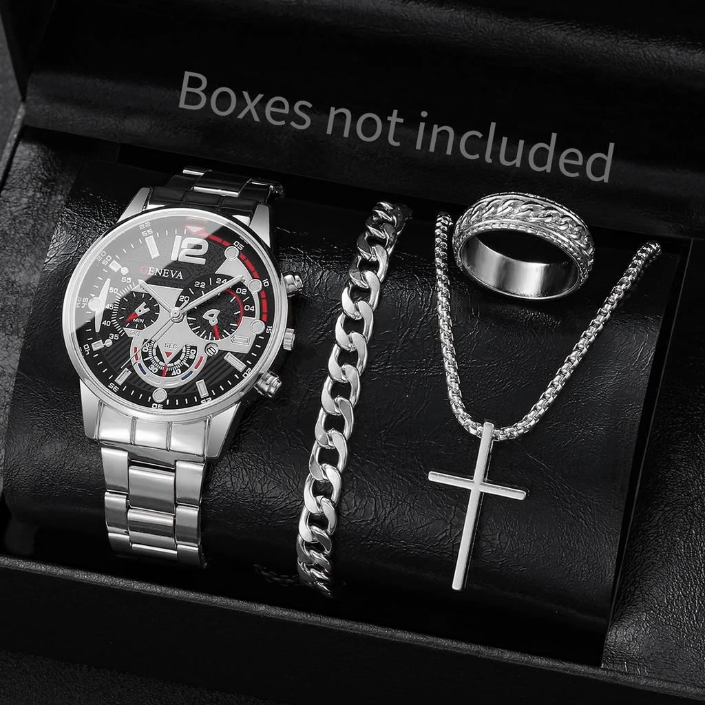 4pcs-trendy Hip-hop Men's Business Watch Bracelet Ring Set, Analog Mechanical Watch Quartz Watch Men's Clock (no Box)
