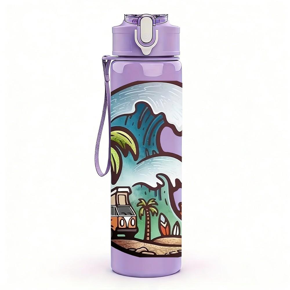 1PC Tropical Island Wave Ocean Print 750ml Color Plastic Sports Water Bottle Leakproof Flip Straw Lid Suitable for Sports Office Home Use