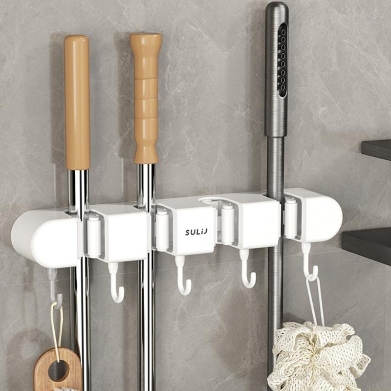 QX2E Mop and Broom Holder with 5 Hooks Wall Mount Broom Grippers Holds Adhesive No Drilling Broom and Dustpan Hanger