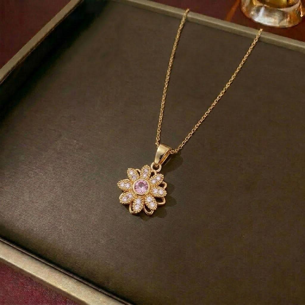 European & American Women's Zircon Flower Necklace & Rotatable Pendant Earrings Set