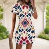 Women Plus Size Round Neck Short Sleeve Geometric Printed Fitted Mini Dress