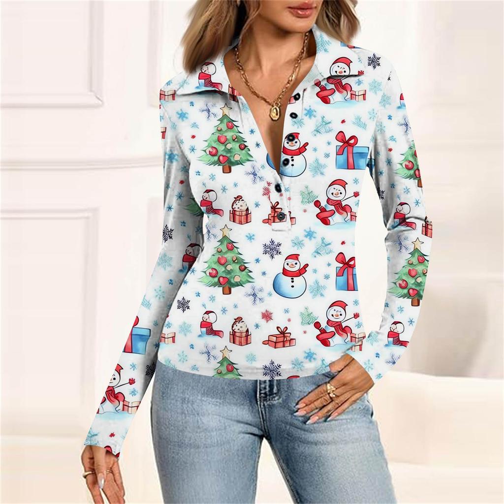 Damenmode Lässig Bedrucktes V-Ausschnitt Langarm Knopfleiste Oberteil