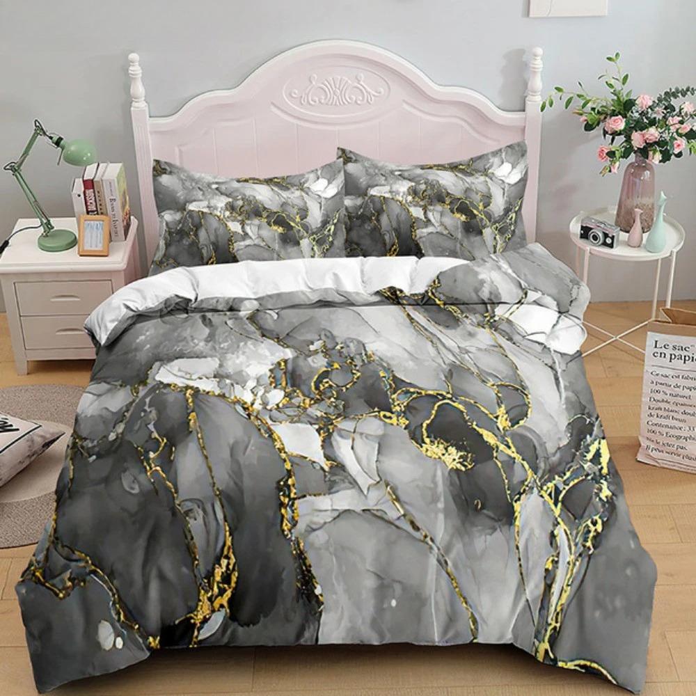 Luxury Black Marble Bedding Set 3D Duvet Cover Set Single Double Twin Full Size Teens Adults Bedclothes Soft Polyester Bed Linen