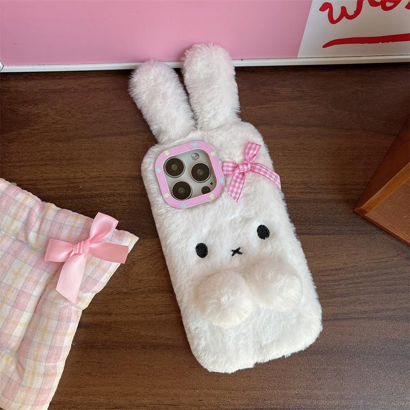 Kawaii 3D Cartoon Bowknot Rabbit Ears Warm Furry Plush Phone Case For iPhone Air 12 13 14 15 16 11 17 Pro Max Shockproof Cover