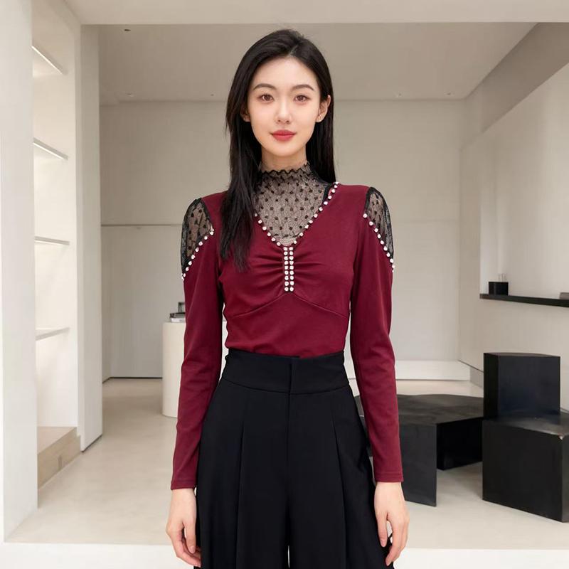 

Весна Осінь Жіноча Футболка з мереживом та бісером, стійкою та довгим рукавом, елегантна, приталена 3XL