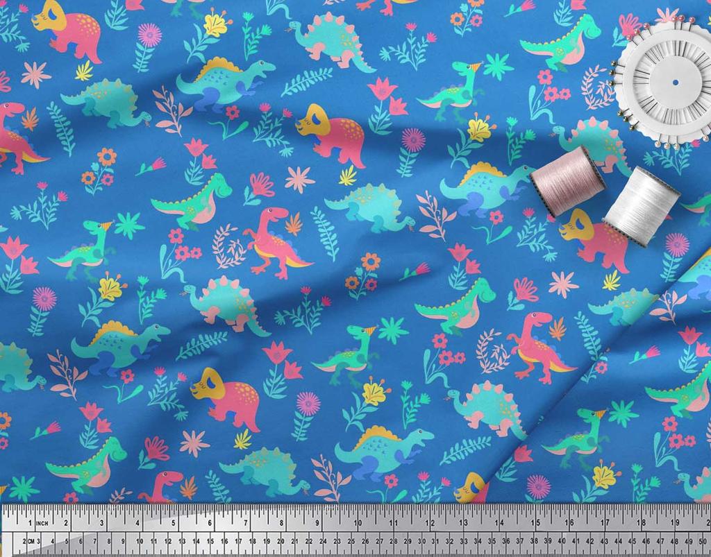 Soimoi Black Japan Crepe Satin Fabric Aster Flower & Dinosaur Kids Print Fabric by Metre 42 Inch