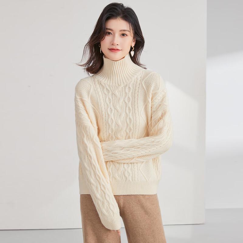Women's 100% Thickened Merino Wool Turtleneck Cable Knit Sweater