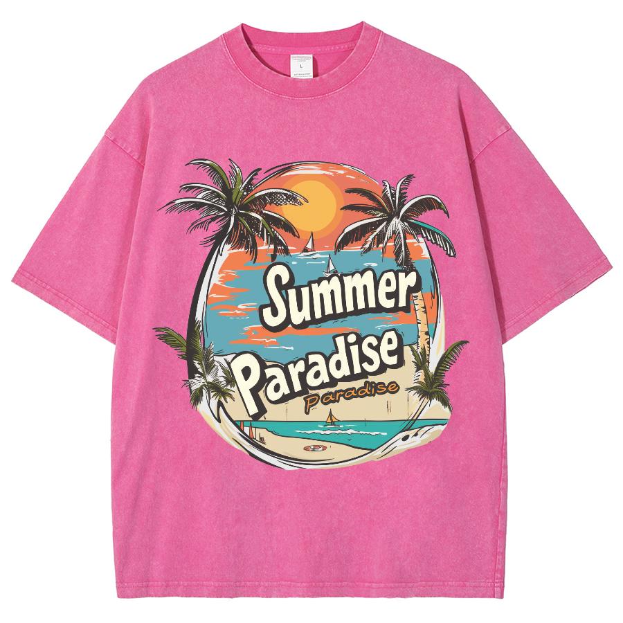 Coconut Tree Landscape Print Washed Denim Women's T-Shirt Pink Loose Extra Large Sleeve Casual Trend Street Top