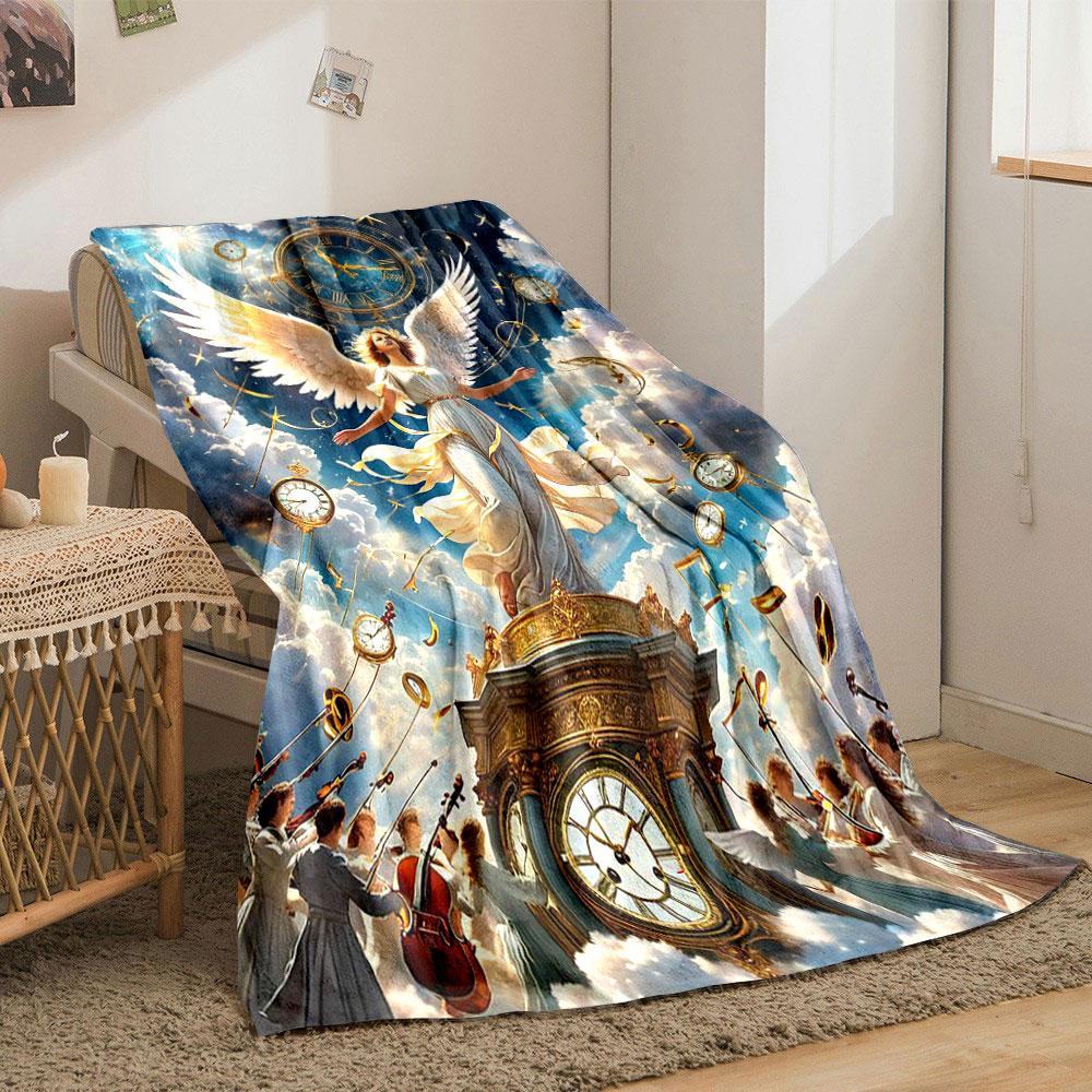Angel Clock Cloud Print Blanket Printed Blanket for Living Room Bed Couch Lunch Break Soft Cozy Blanket for Friend's Festival Gift