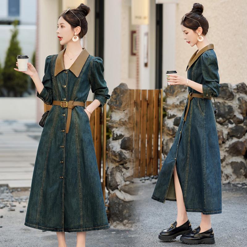 Autumn 2023 Retro Denim A-line Dress: Women's Long Sleeve, Waist-Slimming, Medium Length, Lapel Style