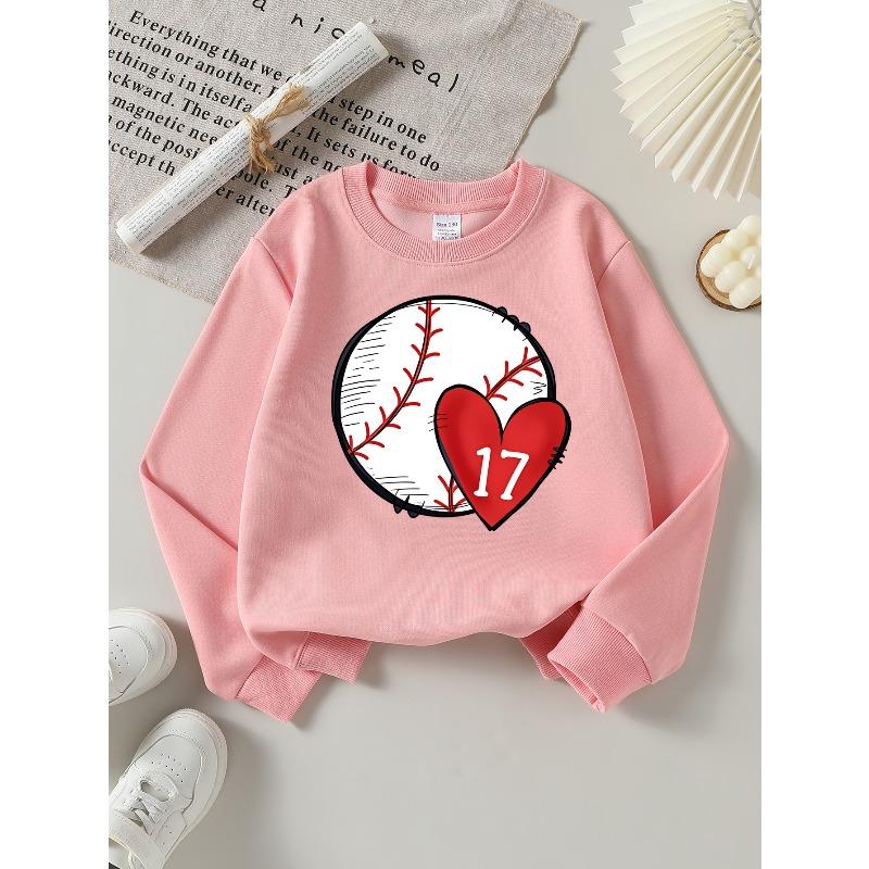 Baseball Heart Number Seventeen 2026 New Girls' Long-sleeve Casual Crewneck Sweatshirt, Suitable for Outdoor Sports and