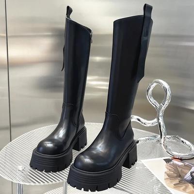Stivali alti fino al ginocchio da donna in stile punk, alla moda, con cerniera, scarpe con tacco spesso, autunno inverno, stivali lunghi da cavaliere da donna