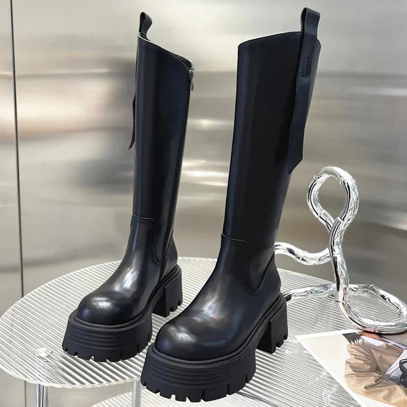 Punk Style Women Knee High Boots Fashion Zippers Shoes Thick Heel Autumn Winter Ladies Knight Long Booties