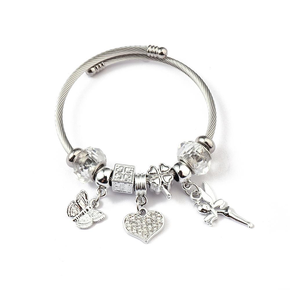 Simple Fashion Stainless Steel Bracelet With Crystal Bead Pendant Unisex Jewelry