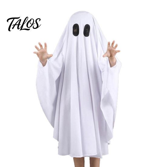 Unisex Halloween Wear Ghost Costume for Kids Adults, Cosplay Fancy Dress, Breathable Party Spooky White Cloak Cape with Black Eye Holes