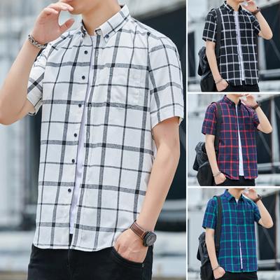Summer Men's Short Sleeve Plaid Shirt Casual Business Blouse Non-ironing Anti-wrinkle Lightweight Breathable Top